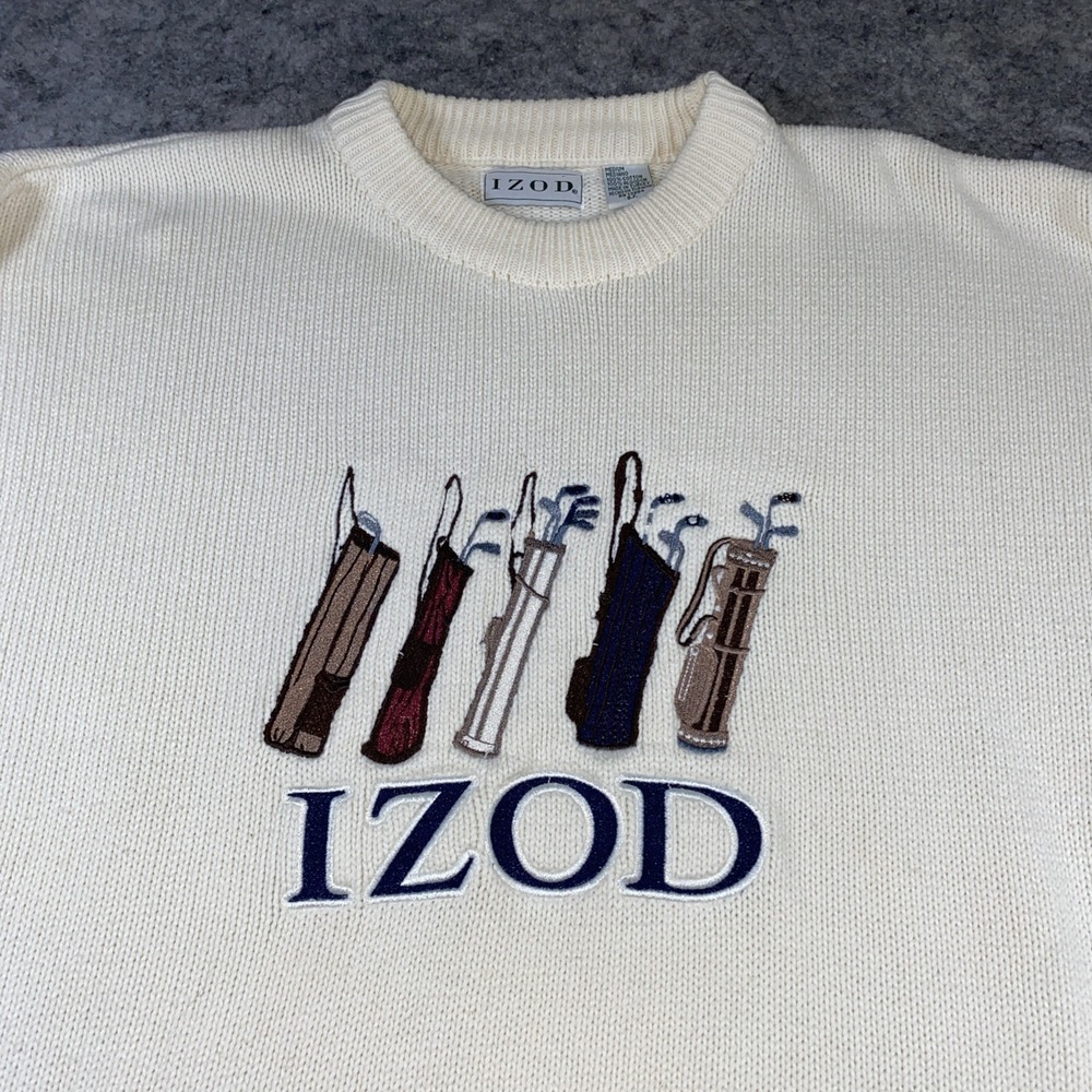 Vintage IZOD Knit Sweater Mens M Ivory Crewneck Golf Club Embroidered Preppy 90s